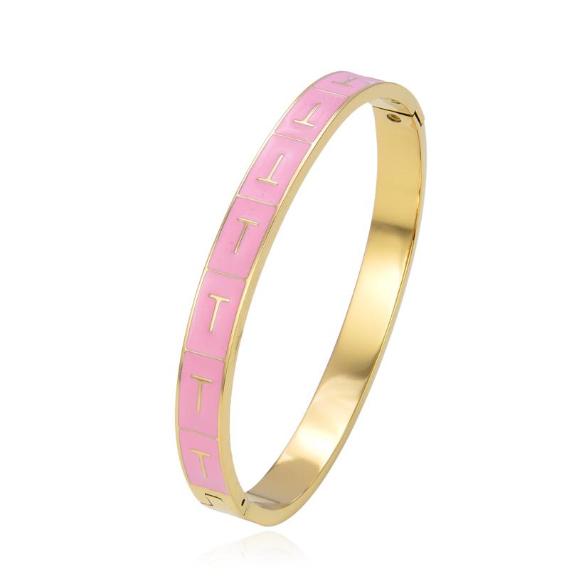 

Top Selling Good Quality Popular Pink Color Letter T Bracelet Women s Men s Enamel Bracelet Stainless Steel Gold Bracelet золотой