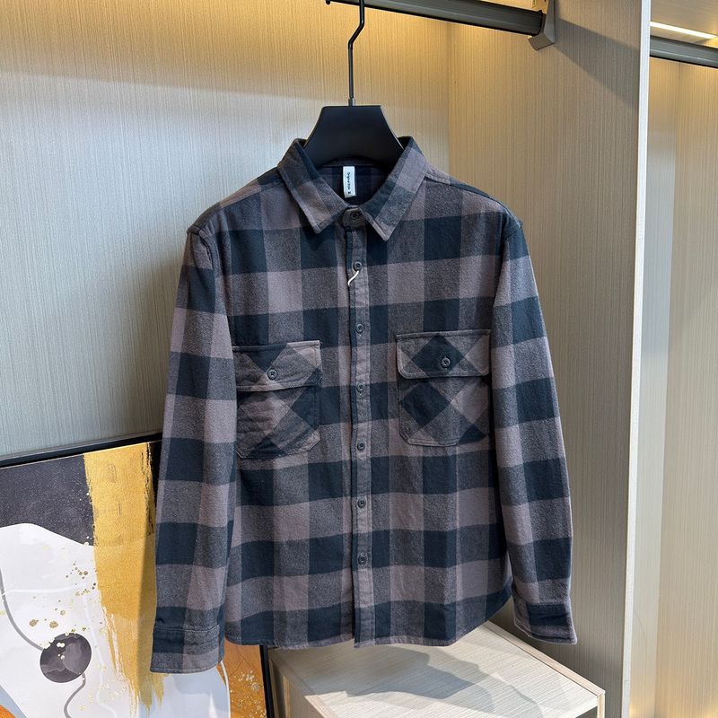 Spring and Autumn American Retro Plaid Thick Shirt, Heavy-Duty Pure Cotton Distressed Pocket Workwear Brushed Long-Sleeve Shirt for Men