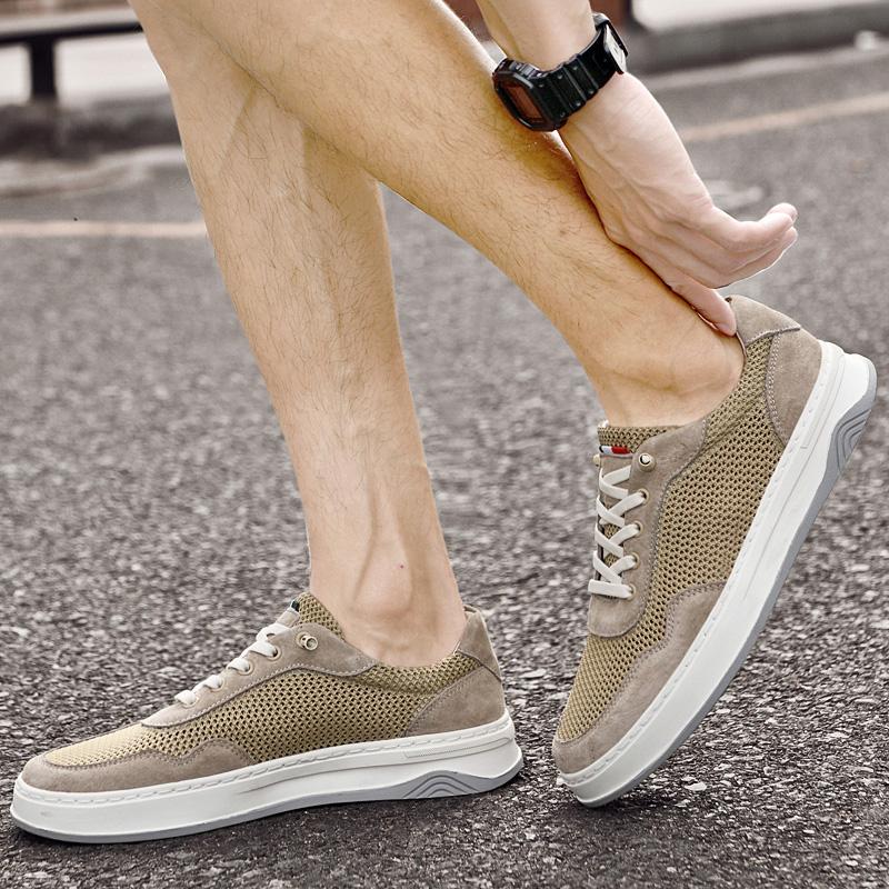 Fashion New Breathable Men Walk Casual Shoes Genuine Leather + Mesh Outdoor Mens Sneakers Shoes Lightweight Flats Soft Sole Travel Shoes