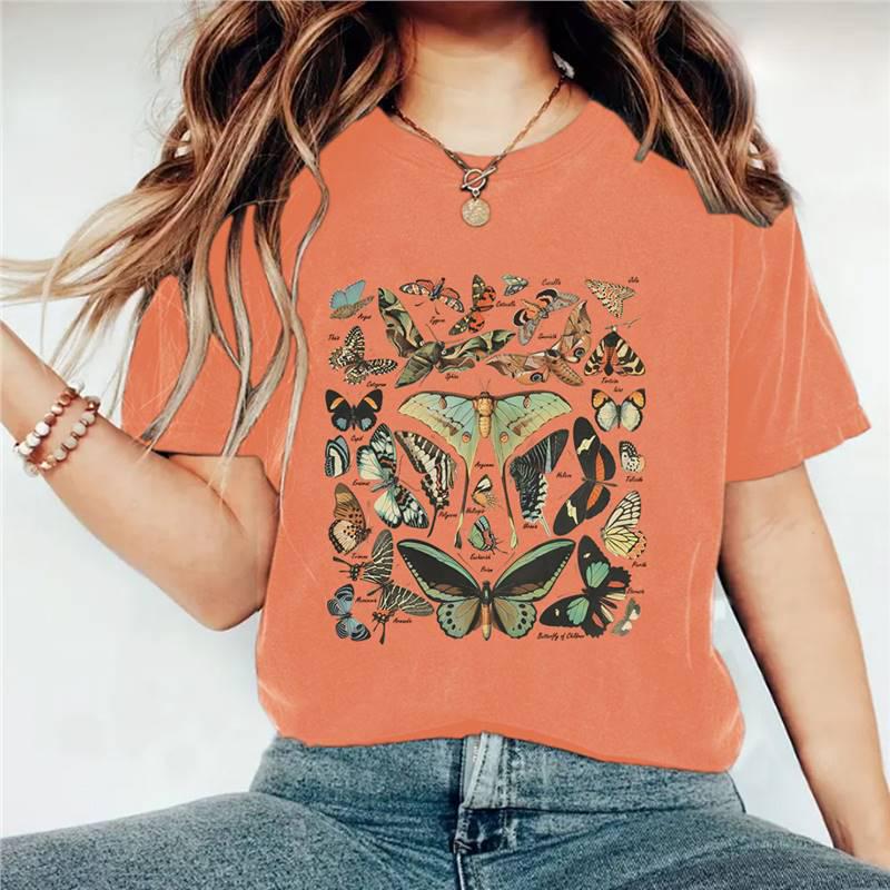 

European & American Women s Butterfly Print Round Neck Short Sleeve Summer T-shirt Double Extra Large