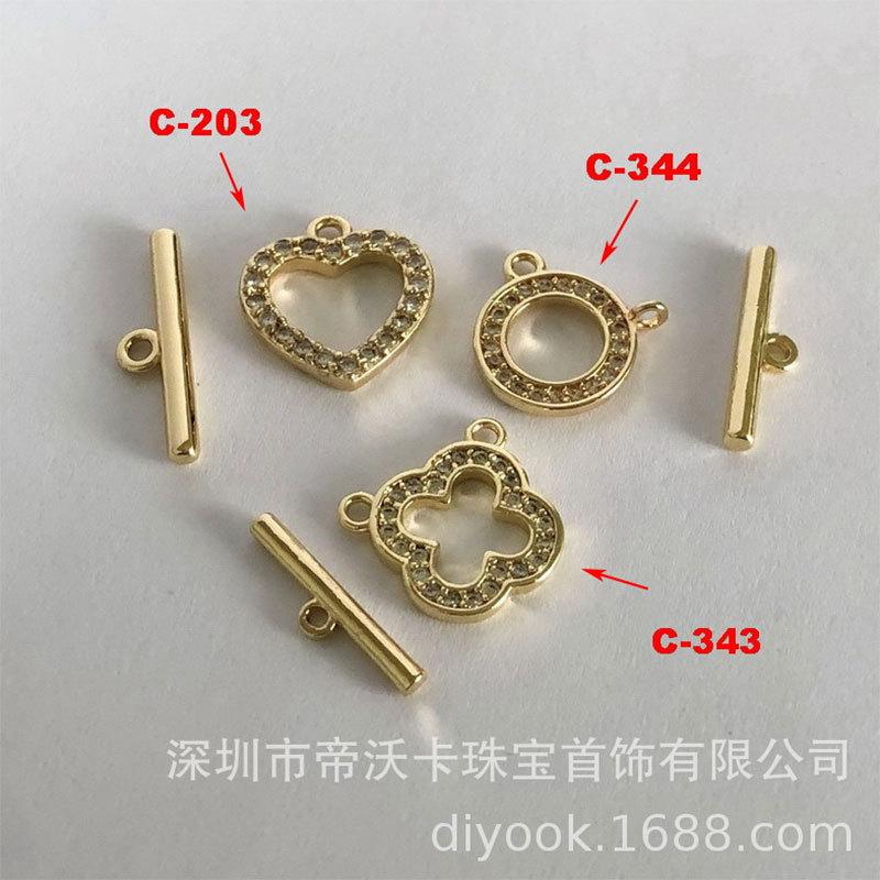 Copper Plated 14K Gold Inlaid Stone Heart & Clover OT Clasp Connector for DIY Accessories