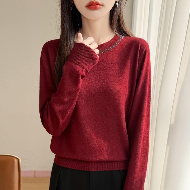 Loose Large-sized Sweater for Ladies, Women's Round-neck Long-sleeved Top, Heavy-stitched with Glittering Diamonds, Knitted Sweater