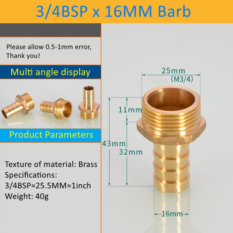 Pagoda Connector 6 8 10 12 14 16 19mm Hose Barb Connector Hose Tail Thread 3/4 BSP Thread PC Male Brass Water Pipe Fittings