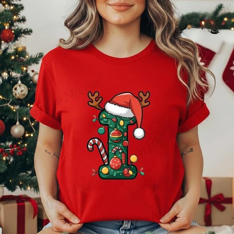 Festive Christmas Alphabet Letter Santa Hat Print Tshirt for Women Fashion T Shirt Streetwear Female Clothes Casual clothing