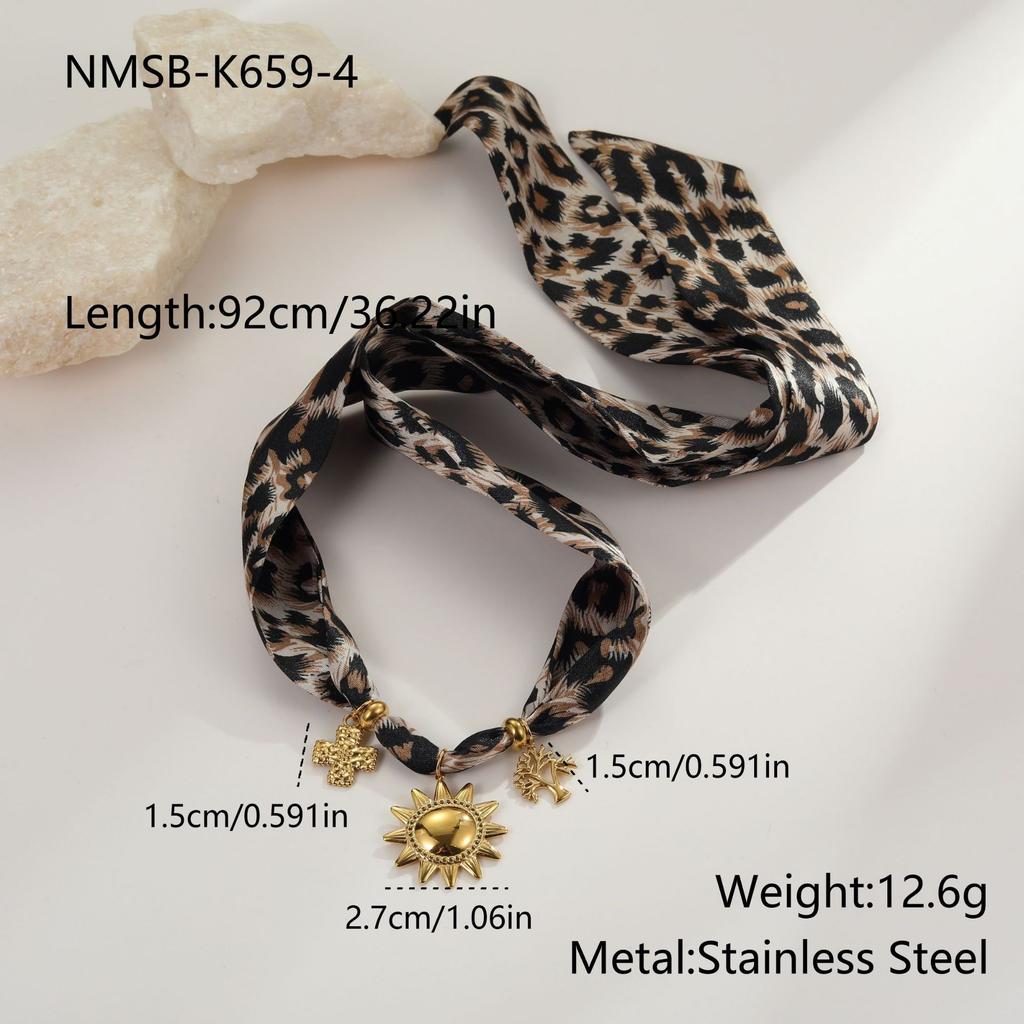 GEMCHIC Women's Leopard Print Silk Scarf Necklace with Sun Cross Tree Charms Stainless Steel Choker
