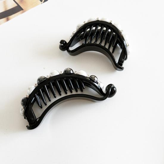 Women Hollow Geometric Oval Rhinestone Faux Pearl Hairpin Ponytail Hair Clip