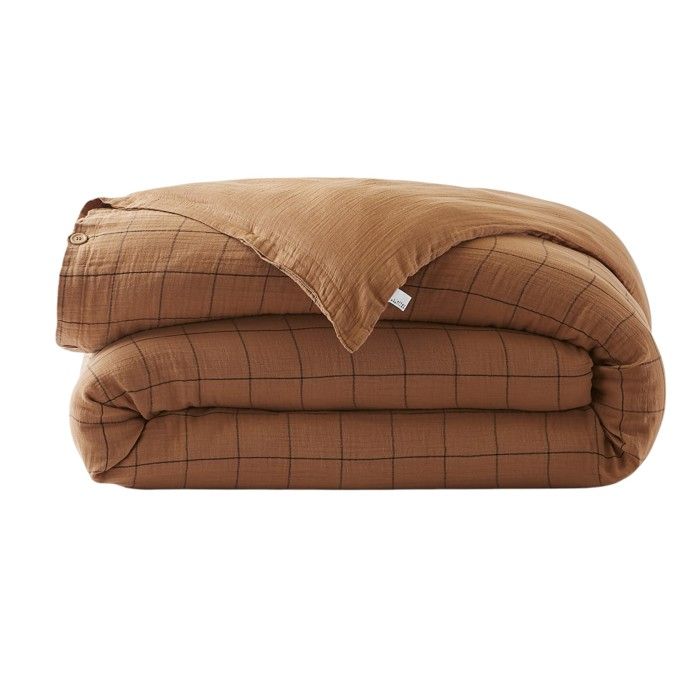 Housse de couette gaze de coton Gaia Match à carreaux 220 x 240 cm camel
