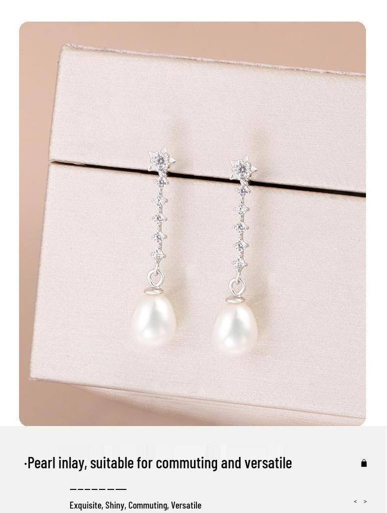 S925 Sterling Silver Pearl Earrings with Rhinestones - Elegant Hong Kong Style Luxury Earring Drops