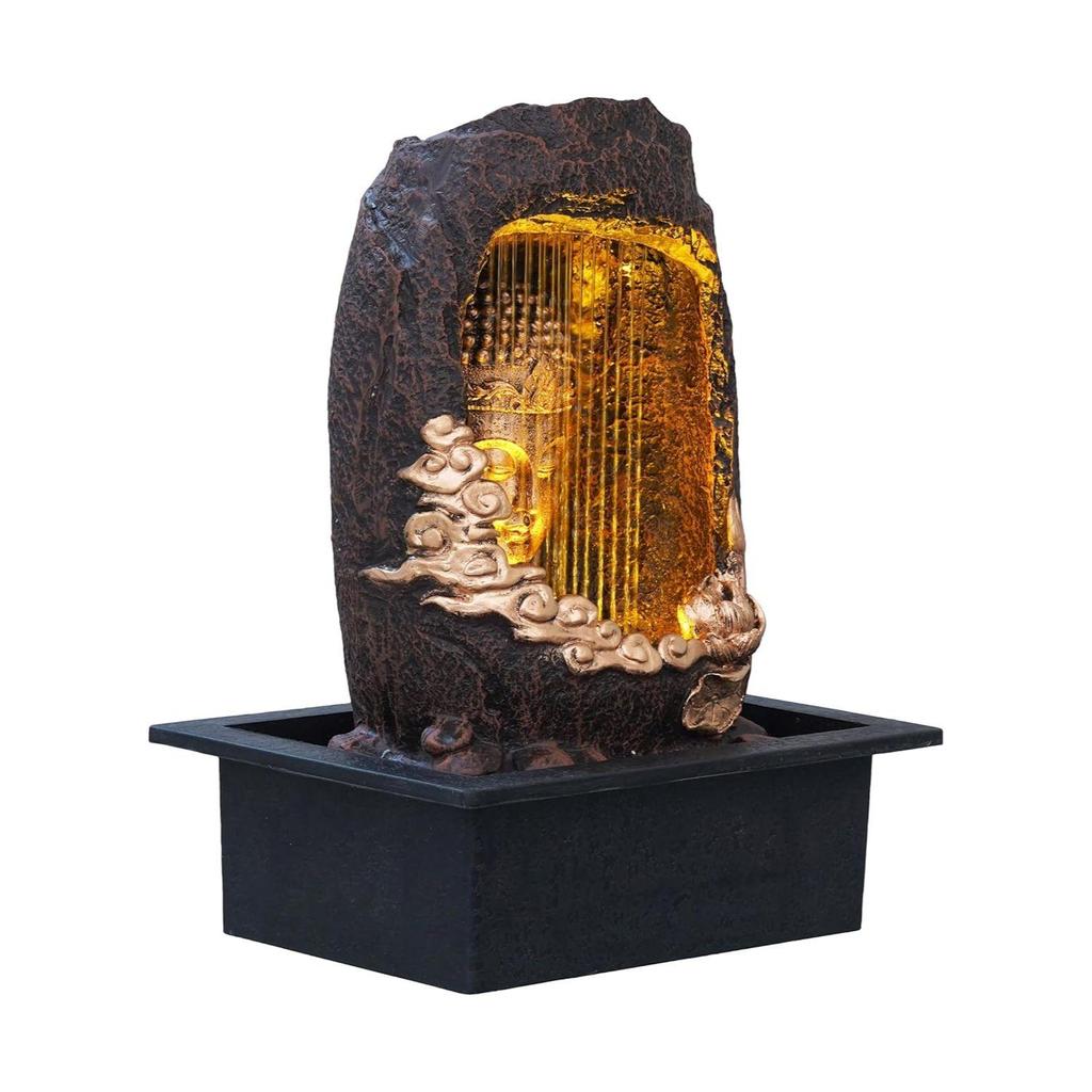 Bordsdekoration Polyresin Guldbrun Mediterande Buddha Sittande i Grottstil Inomhus Framsida Gardin Vattenfall Fontän för Heminredning