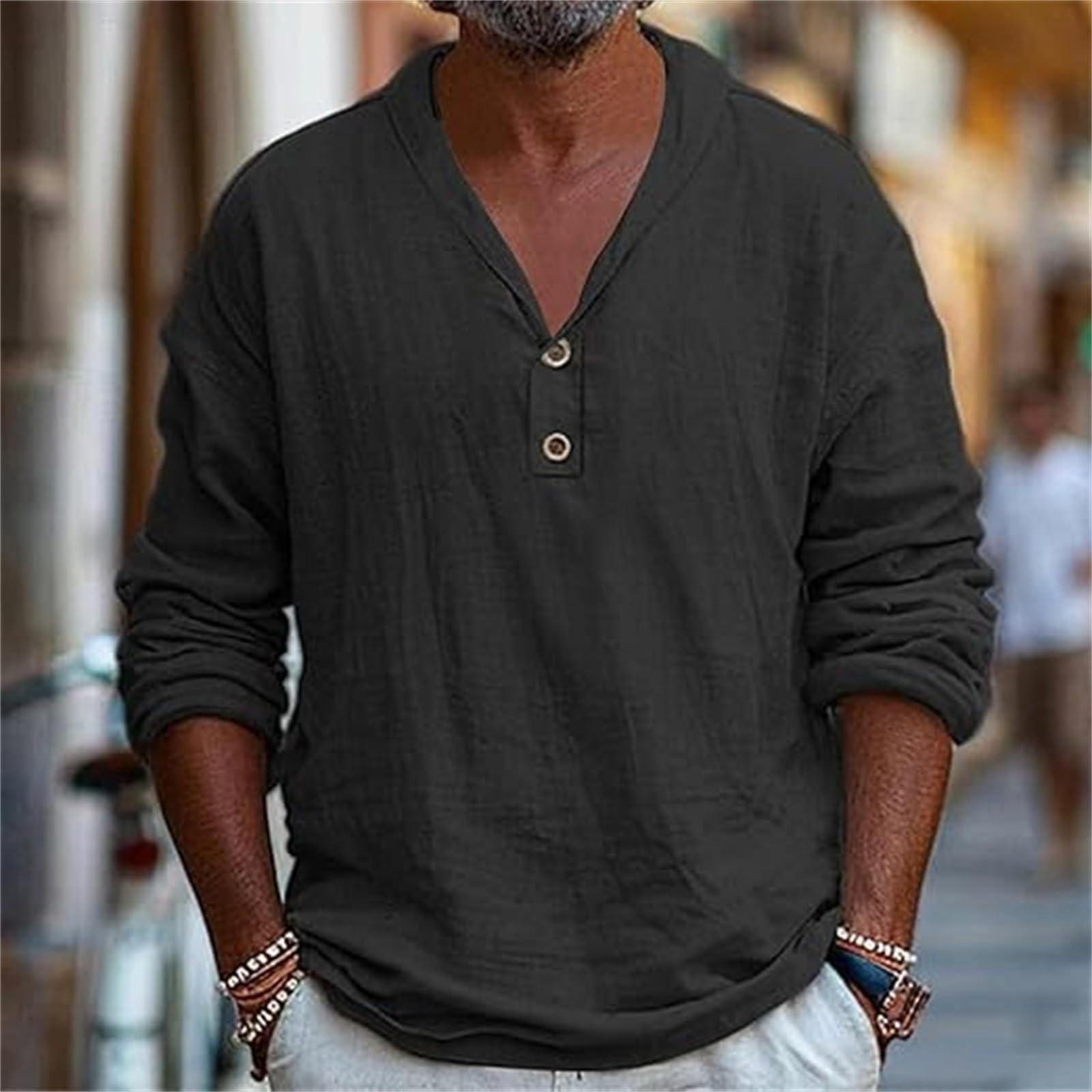 

Мужские рубашки из хлопка и льна с длинным рукавом, повседневные, с застежкой на 1/4 пуговицы, свободного кроя, тянущиеся XXL чёрный