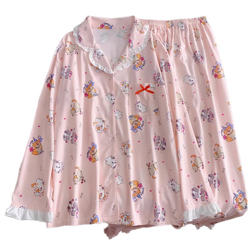Imitation Cotton Pajamas Women'S Spring And Autumn Cartoon Paradise Lotus Leaf Edge Long-Sleeved Loungewear Real Shot