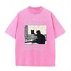 Japansk Citat Spejl Kat Grafisk Vintage Vask Oversized Sort T-shirt Mørk Academia Katteelsker Street Top