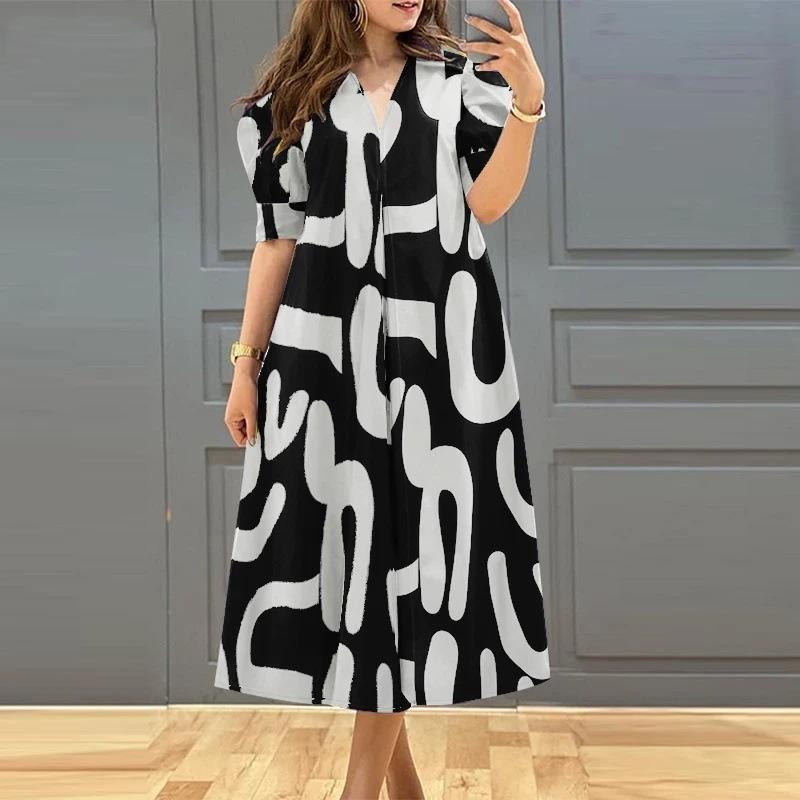 Women s V Neck Puff Short Sleeve Geometric Print Midi A Line Dress Loose Fit Casual Summer Dress S чёрный
