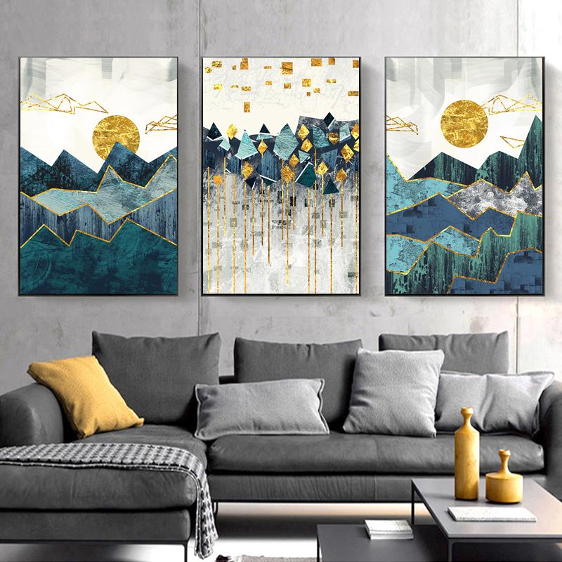 Nordic abstrato geométrico montanha paisagem arte da parede pintura em tela dourado sol arte cartaz impressão imagem de parede para sala estar
