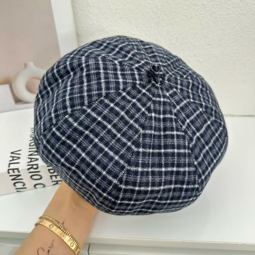 British retro plaid beret spring and autumn dome octagonal hat design sense pumpkin hat shows small face and big head circumference
