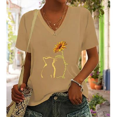 Blusas de Moda con Pintura de Gato y Girasol Camisetas de Manga Corta con Cuello en V Casual