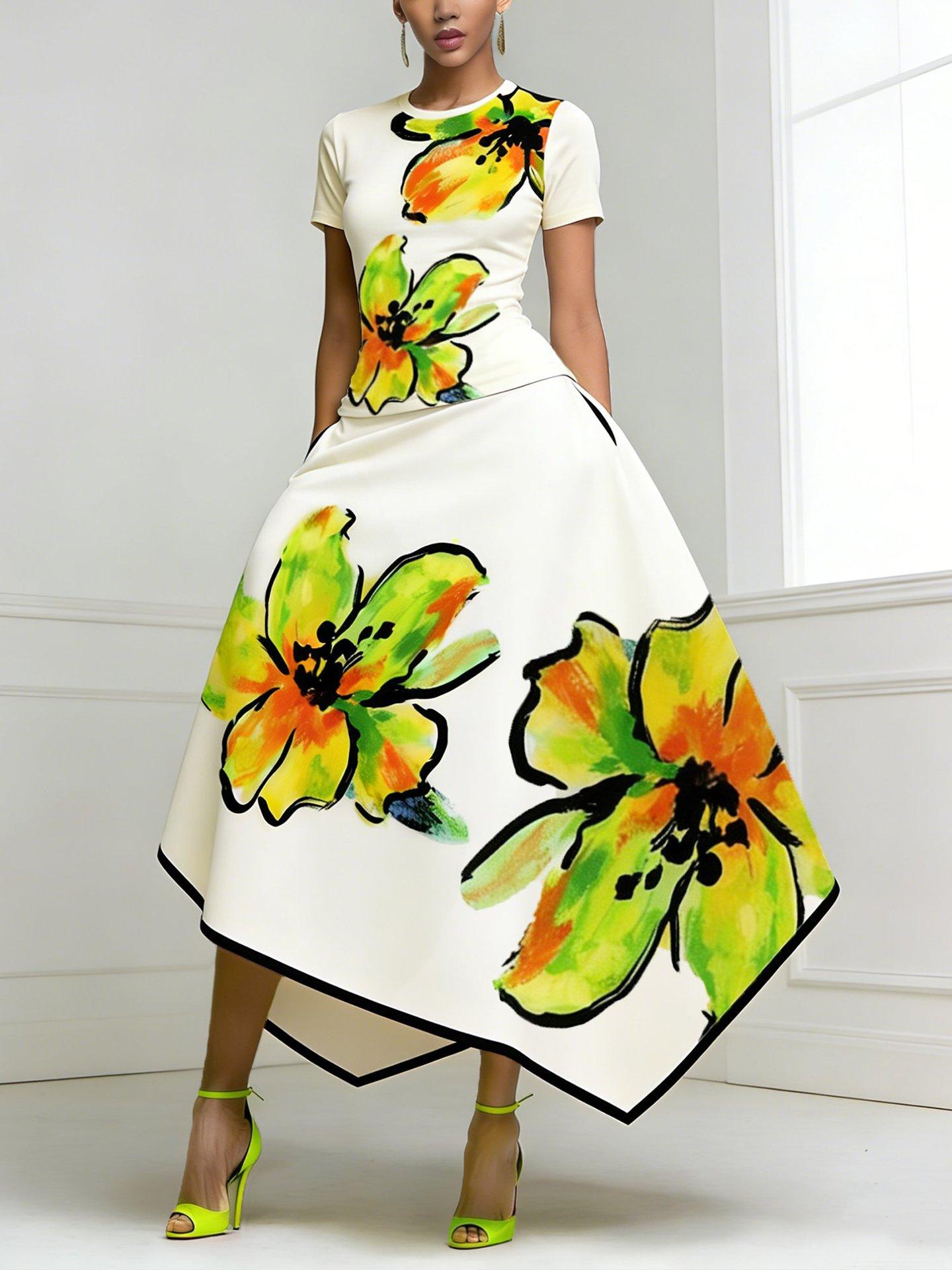 Fashion temperament elegant printed crew neck dress women s 2026 summer new floral medium and long dress S