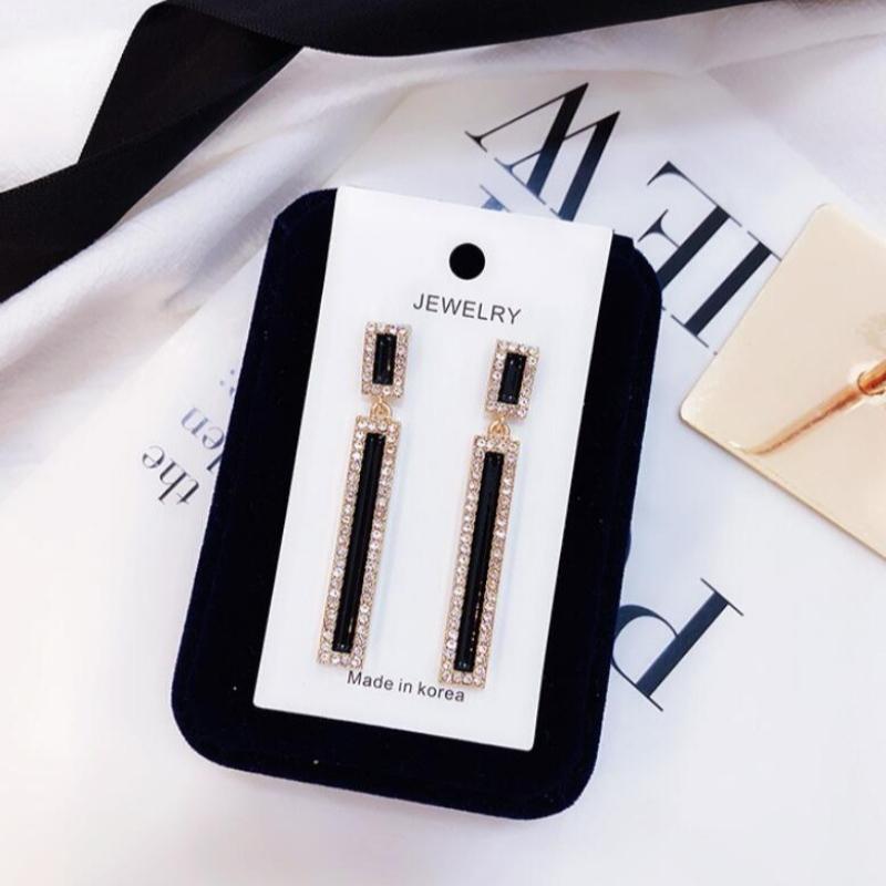 Fashion Black Color Enamel Rectangle Drop Earrings for Women Geometric Inlay Rhinestone Long Ear Wedding Party Jewelry