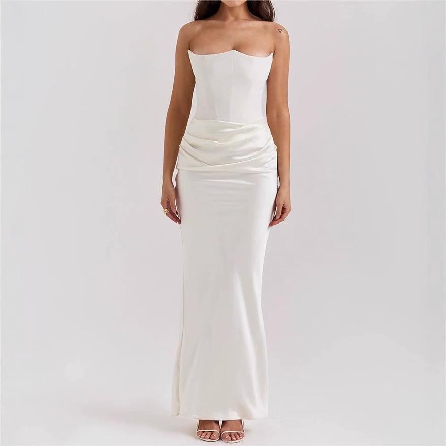 women's Solid Color Strapless Ruched Bodycon Maxi Dress Sexy Sleeveless Evening Party Mermaid Gown