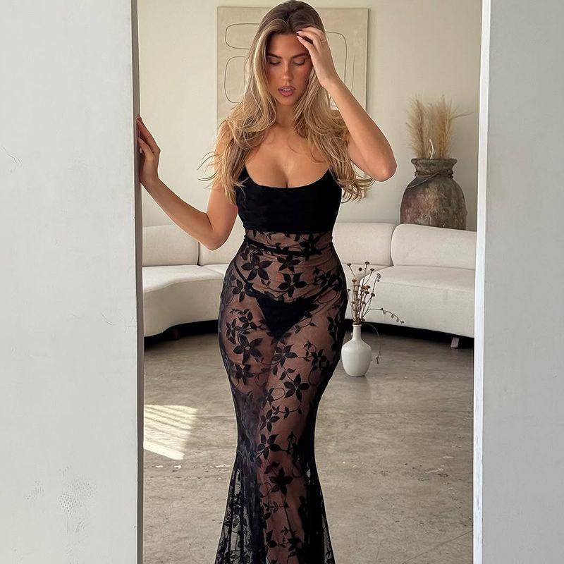 

Holiday Style Flocking Flower Perspective Sling Dress 2025 Summer New Gyaru Sexy Backless Strap Long dress Black S