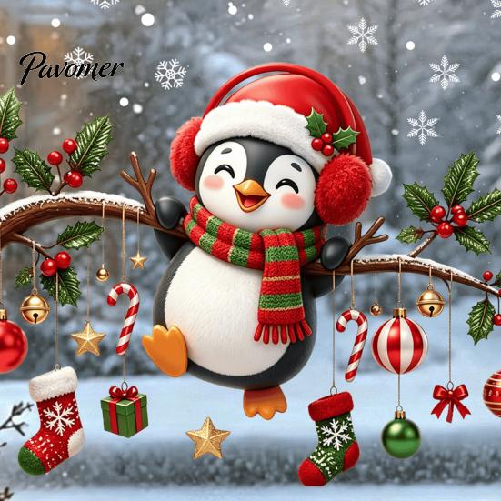Removable Holiday Window Art Christmas Static Cling, Penguin Decal with Holly Baubles Snowflakes, PVC Sticker Sheets Festive Decor for Home