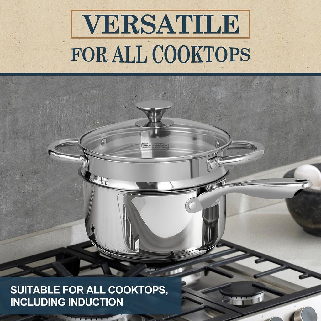 MICHELANGELO 304 Stainless Steel Pot/cooking Pan with Steamer Set, Suitable for All Stoves and Ovens, Dishwasher Safe