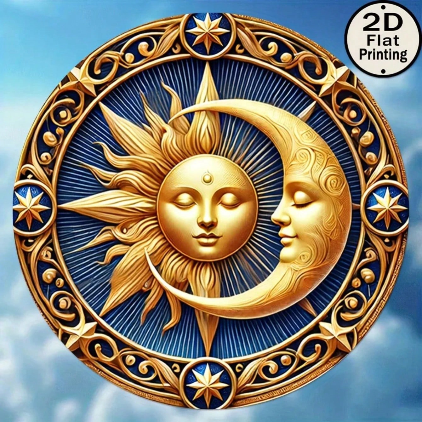 Винтажное металлическое настенное искусство  Солнце и Луна  Золотисто-синее украшение для дома Подарок 20x20 разноцветный