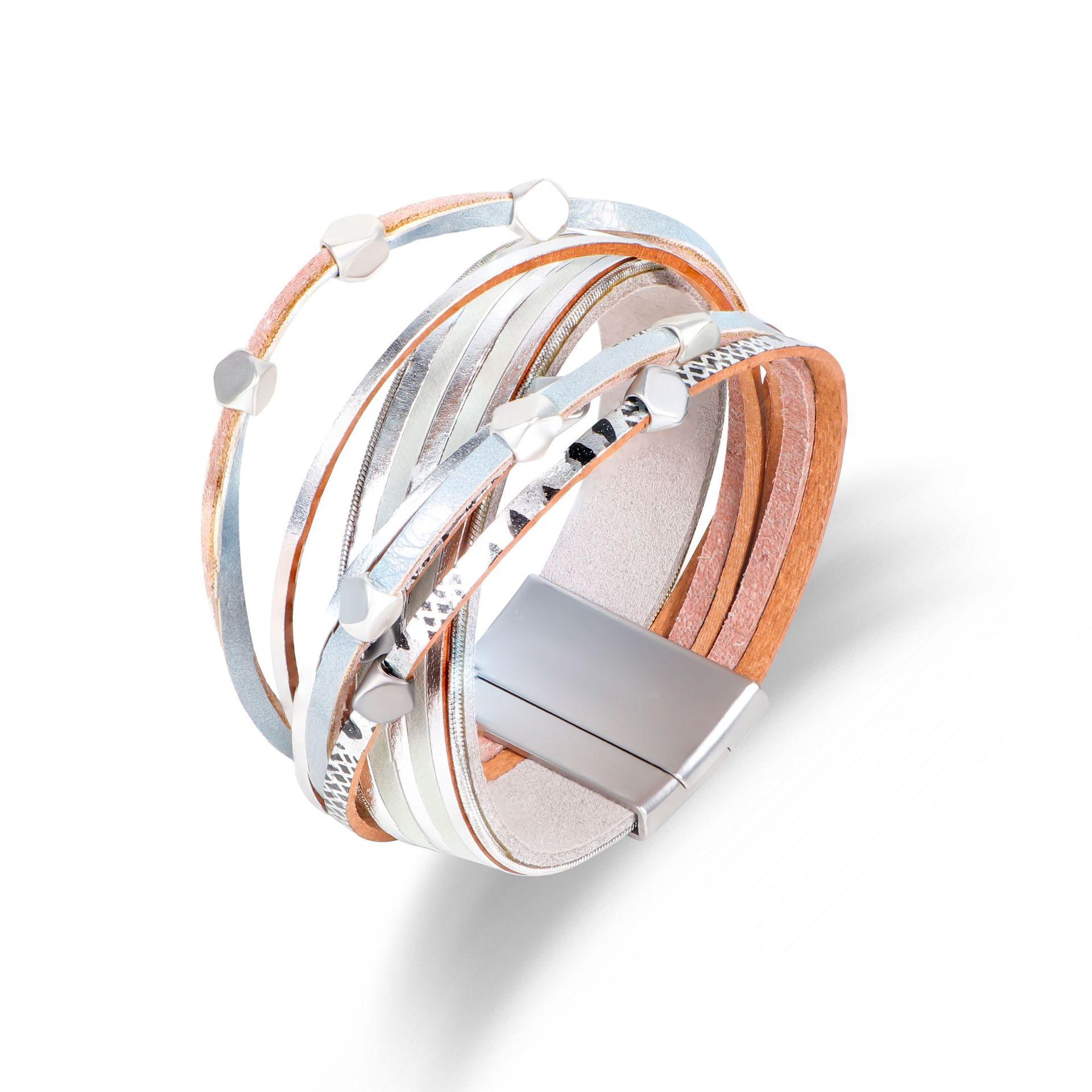 

Кожаный браслет для женщин, цепочка, бохо, многослойный браслет, женский ювелирный аксессуар серебряный