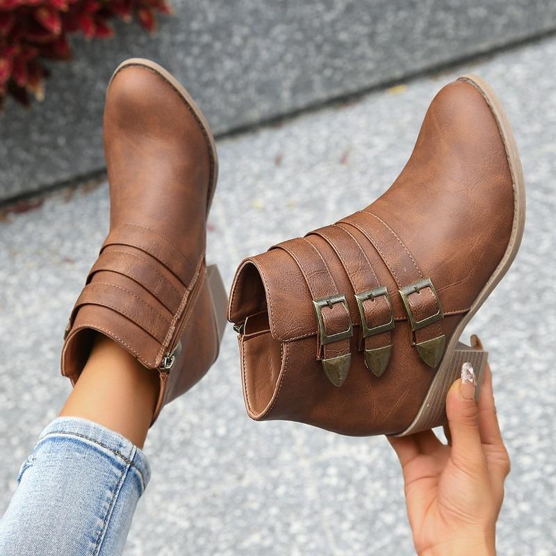 

Vintage Block Heel Single Boots Women s Fashion Round Toe Sleeve Metal Buckle Anti-Slip Wear-Resistant Short Shoe 42