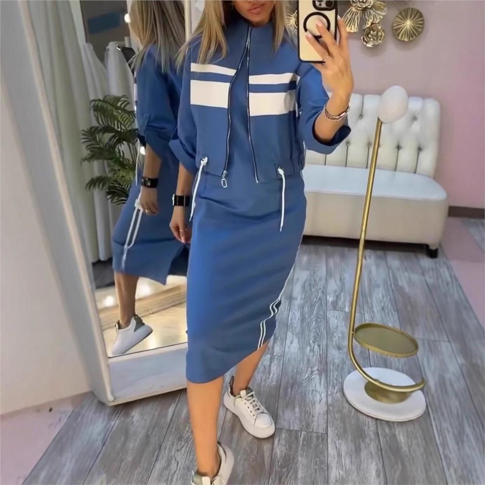 Abito Felpa da Donna a Blocchi di Colore con Strisce Bianche che Copre i Fianchi Set da 2 Pezzi Giacca con Zip Casual da Donna Completo Abito