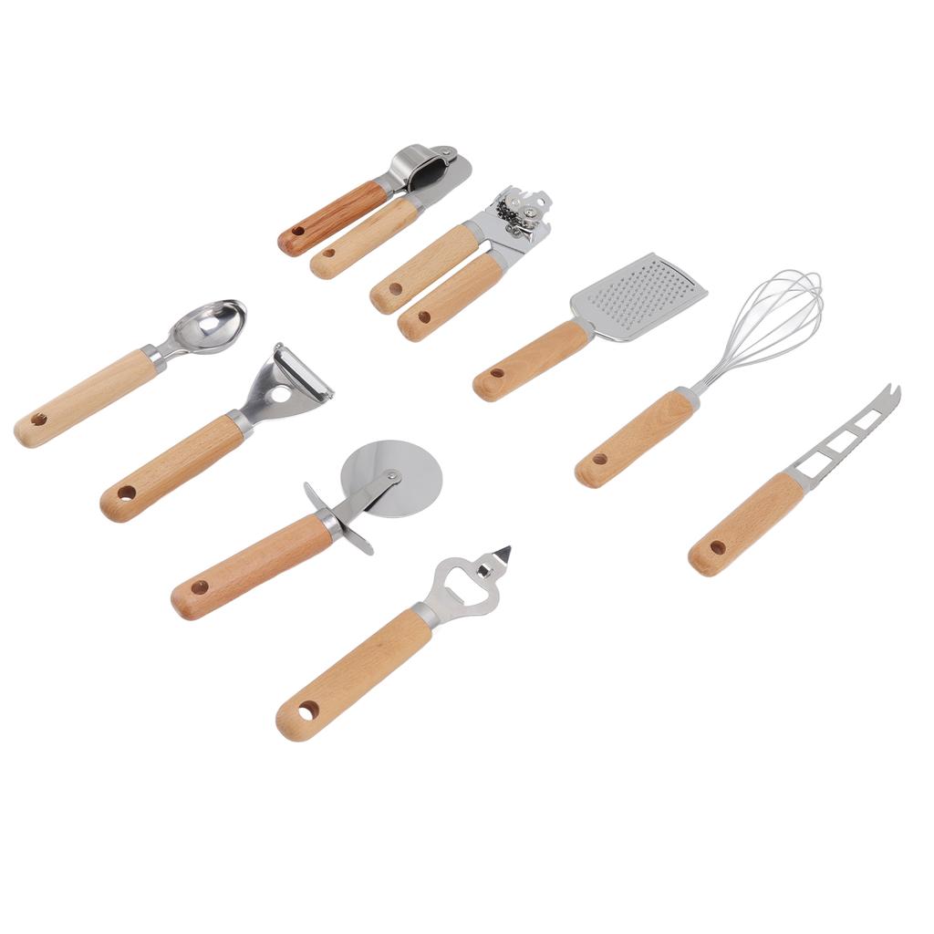 9pcs Kitchen Utensils Wooden Handle Stainless Steel Easy Cleaning Wear Resistant Colorful Package Co