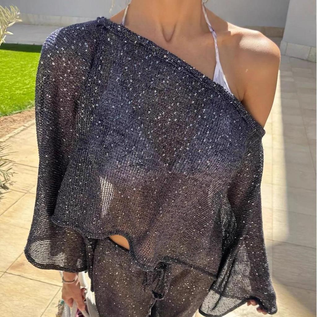 2026 Women's Fashion Sequin Knit Sun Protection Shawl Top – European American Beach Style