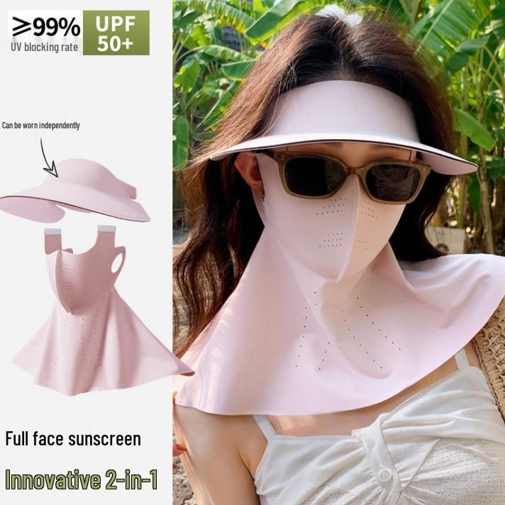 Women's UV Protection Facekini: Removable Ice Silk Mask with Brim, Full Face & Neck Shield.