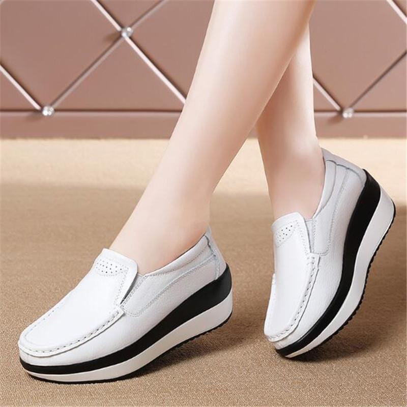 Fashion Spring Autumn Women Loafers Flats Ladies Genuine Leather Moccasins Slip-on Casual Round Toe Handmade Platform Wedges Shoes