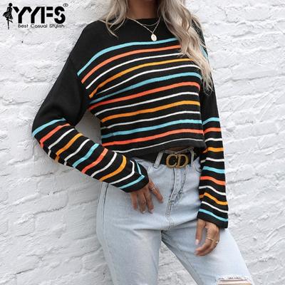 Women's Fashion Casual Fall Winter Stripe Print Long Sleeve O-Neck Tops Women's Clothing Woolen Knitwear Sweaters