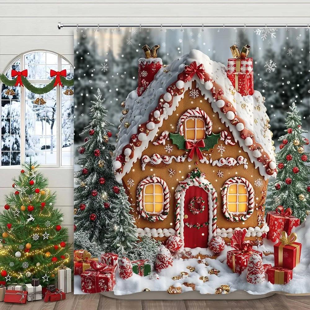 Christmas Snowman Shower Curtain Santa Claus Christmas Gifts Snow Printed Polyester Fabric Home Decor Shower Curtain With Hook