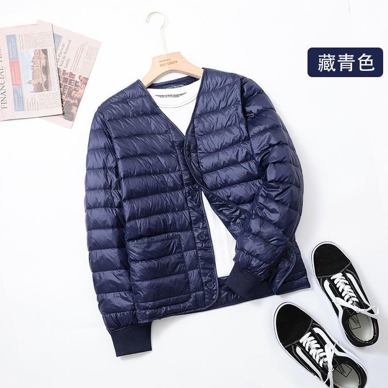 2025 down jacket men's short slim fit thickened warm and thin collarless V-neck white duck down liner jacket cotton jacket