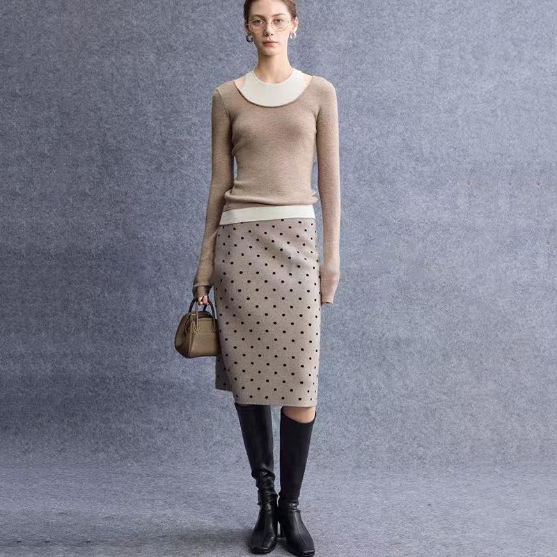 French Romantic Retro Polka Dot Cashmere Wool Midi Skirt for Women Large