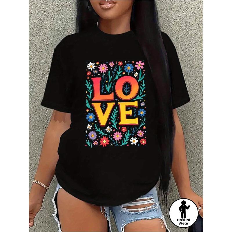 

Black Casual Summer Tee with Colorful Flower Design, Short Sleeve, Round Neck, Lightweight Blend, Perfect for Casual Attire S чёрный