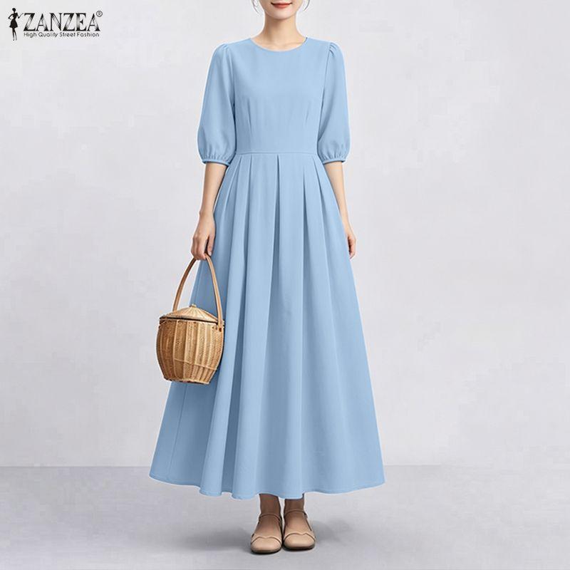 ZANZEA Abito Lungo Casual da Donna Girocollo Manica Corta Tinta Unita