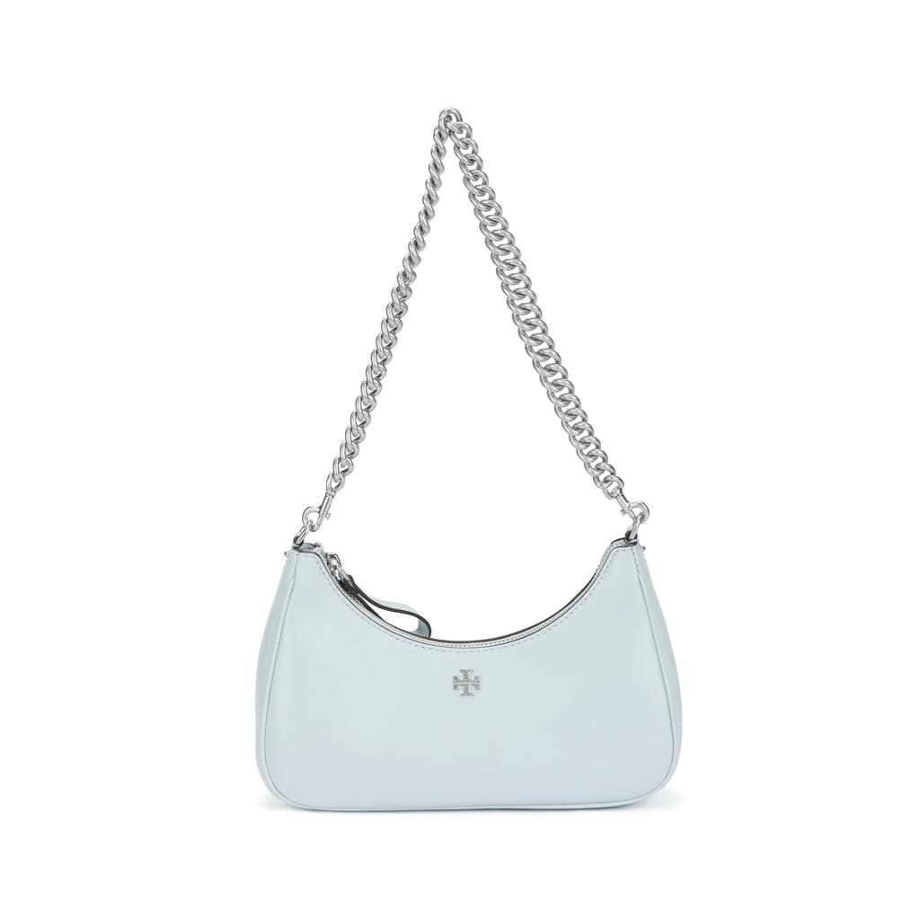 Tory Burch 151 Mercer Silver Double T Logo Detachable Shoulder Strap Nappa Leather Crescent Bag Women Handbags Gray Blue 149179-400