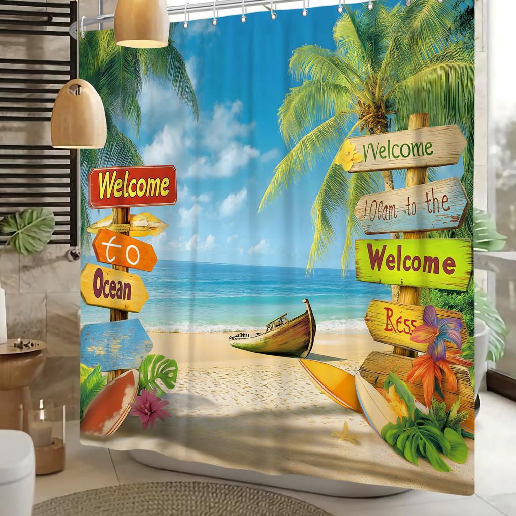 Summer Beach Sea Palm Tree Shower Curtain Tropical Surfboard 3d Waterproof Bathroom Curtain Decoration With Hooks Home Supplies