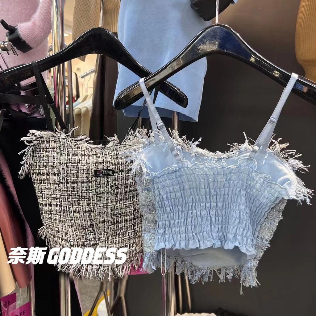Blue Tassel Backless Camisole Vest with Chest Cushion for Women Designed for Wearing Inside and Outside