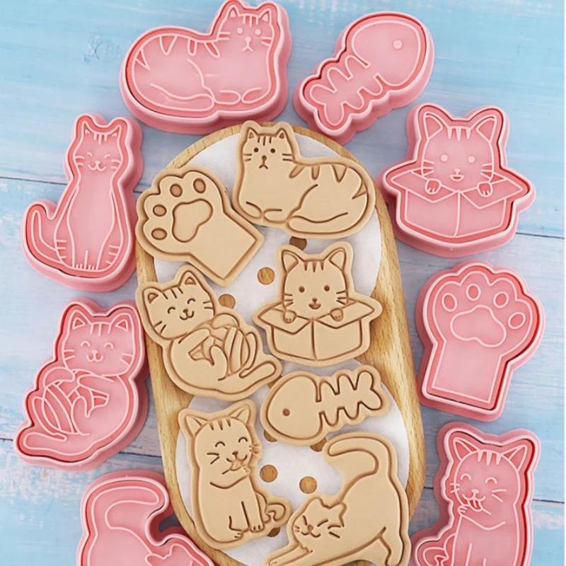 8 szt. Wykrawacze do ciastek w kształcie kota Kreskówkowy koci łapka Ość rybna Wciskana forma do ciastek Cukierniczy stempel do ciastek Narzędzia kuchenne do pieczenia ciasta