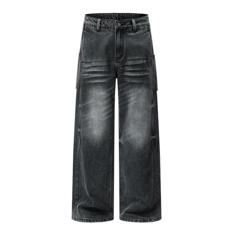 Mens Baggy Straight Leg Jeans Vintage Wash Distressed Punk Style Casual Denim Pants