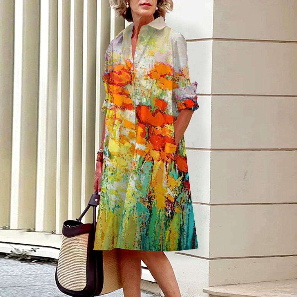 2023 Retro Kwiecista Jednorzędowa Sukienka Koszulowa dla Miejskich Kobiet
