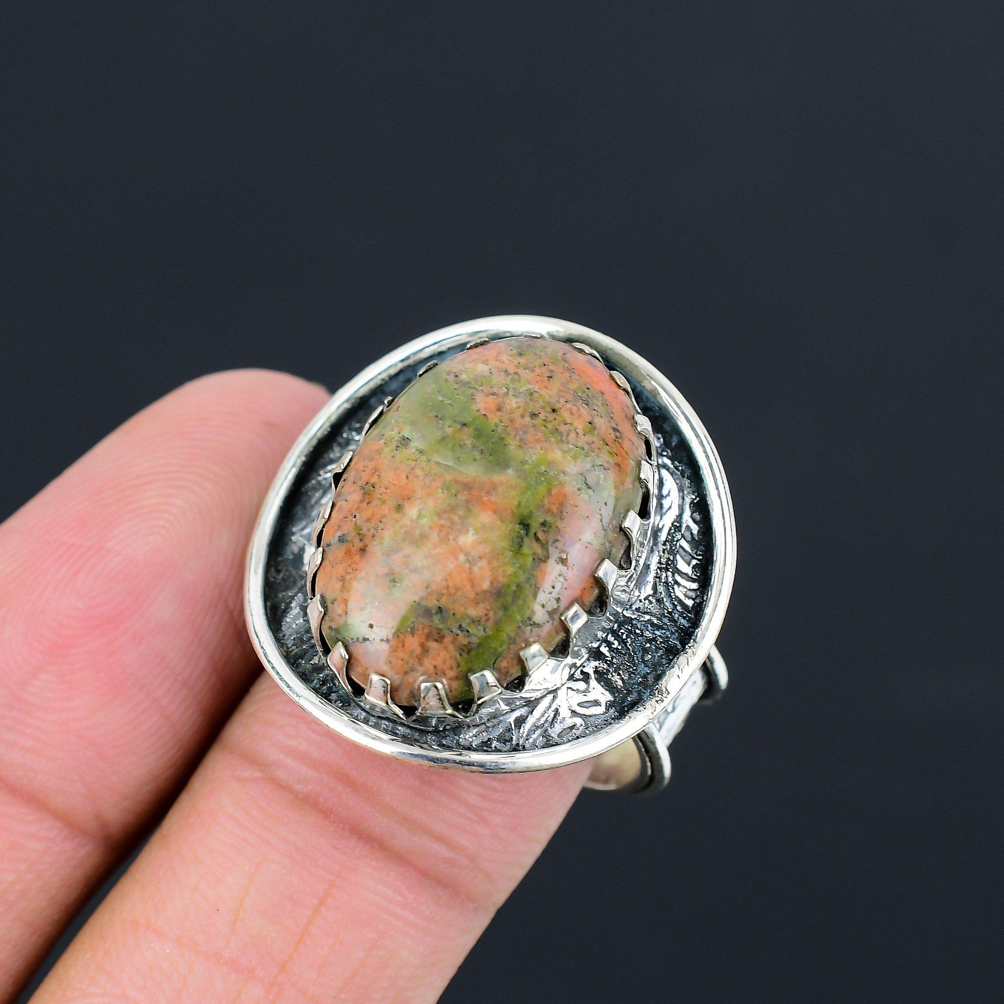 Sterling Silver Oval Natural Unakite Statement Multi Stone Birthday Ring US 10 10