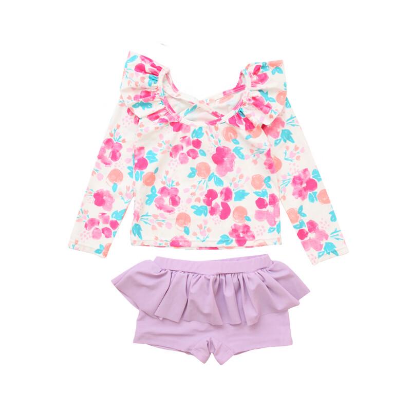 

Girls Long-Sleeve Split Swimsuit with Swim Cap