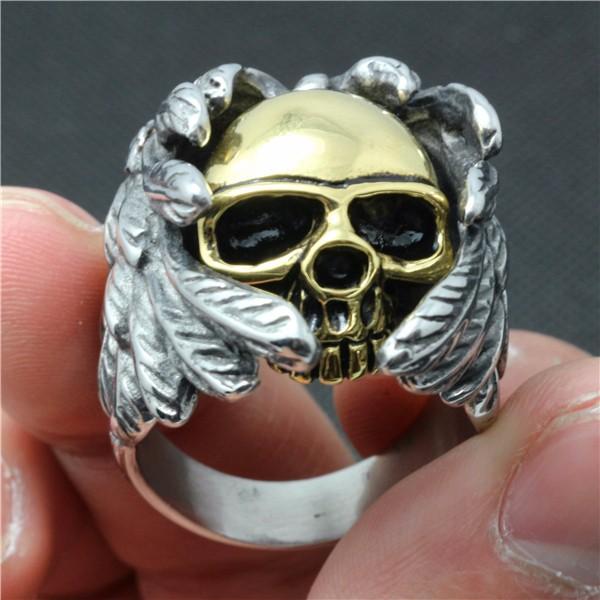 

2026 New Cool Style Golden Fashion Skull Ring with Wings 316L Stainless Steel Mens Fashion Motor Biker Skull Ring 13