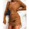 V-neck Knitted Sweater Dress - Long Sleeve, Slim Fit, Ruched Drawstring, Ribbed Design for Autumn/Winter